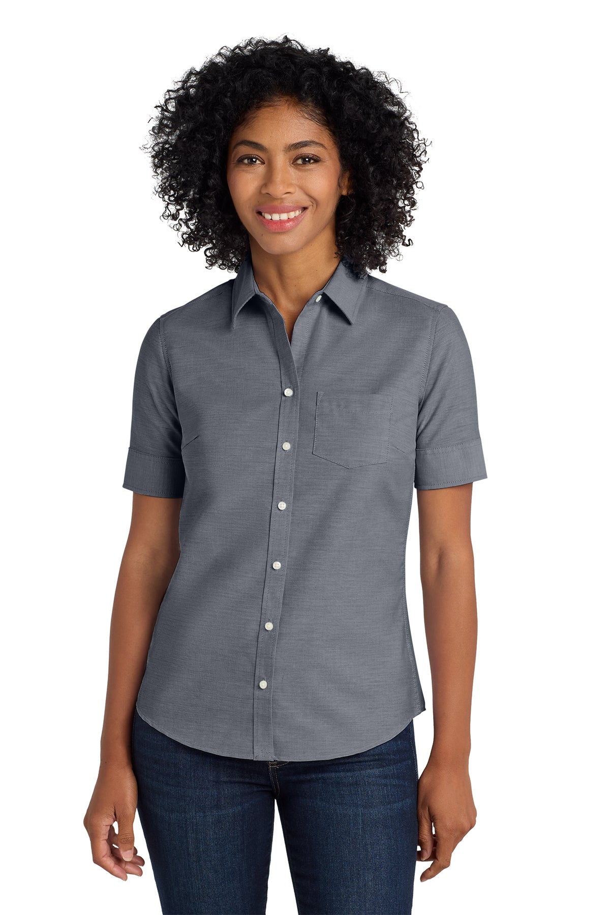 Ladies Short Sleeve Button Down Shirt (Port Authority L659) - embroidered left chest logo and sleeve