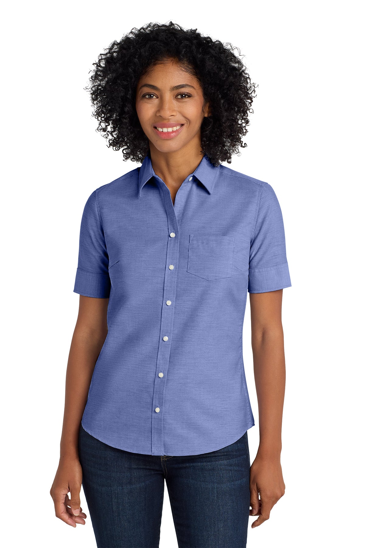 Ladies Short Sleeve Button Down Shirt (Port Authority L659) - embroidered left chest logo and sleeve