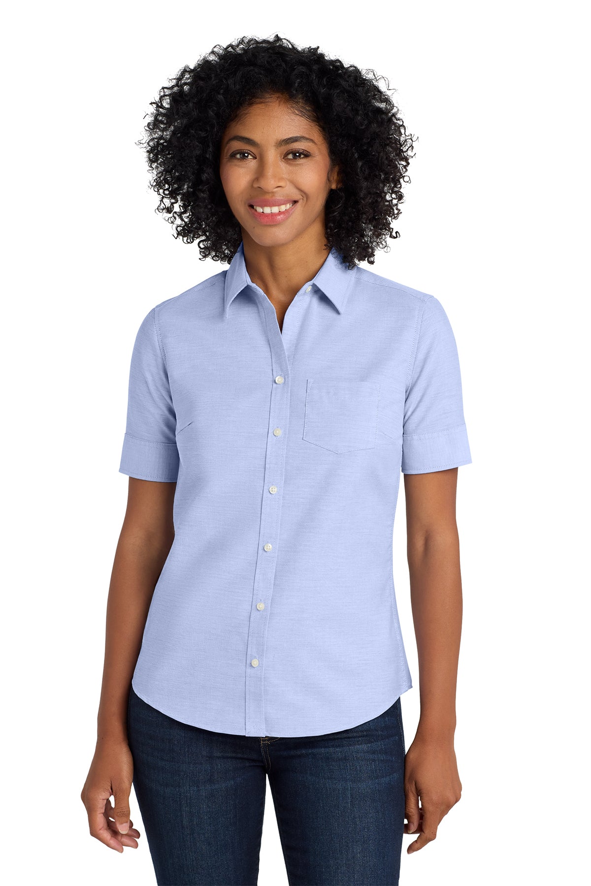 Ladies Short Sleeve Button Down Shirt (Port Authority L659) - embroidered left chest logo and sleeve