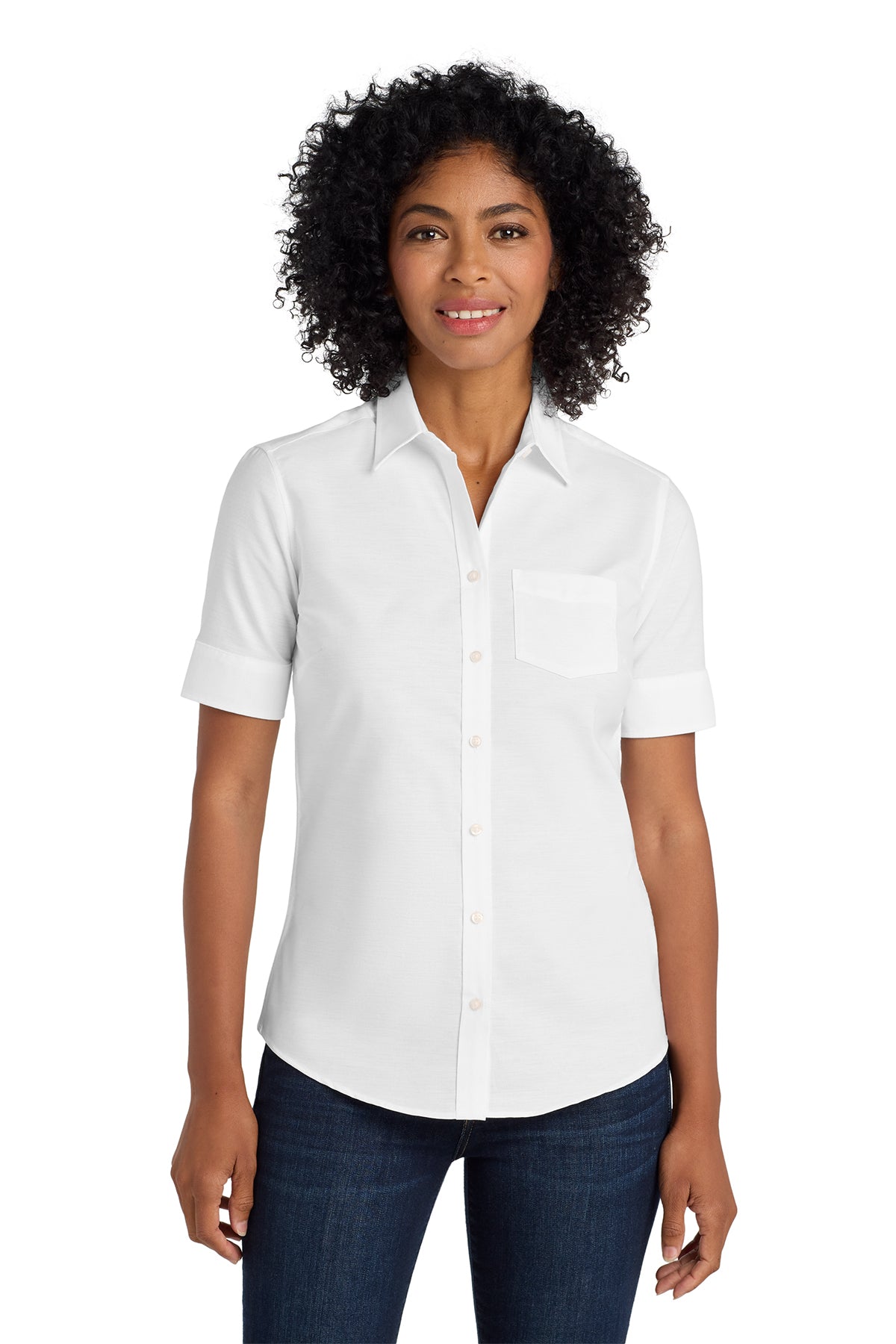 Ladies Short Sleeve Button Down Shirt (Port Authority L659) - embroidered left chest logo and sleeve